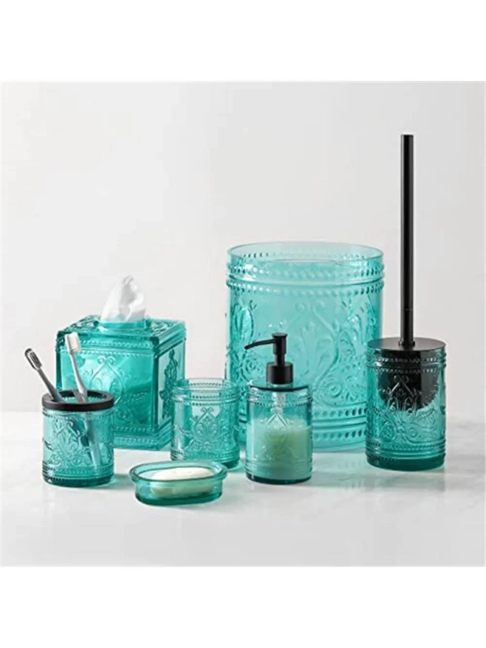 4PCs Teal Blue Glass Bathroom Accessories Set with Decorative Pressed Pattern
